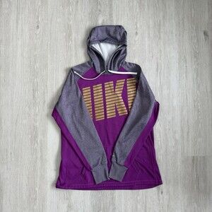 NIKE Therma-FIT Hoodie Women's Large Purple Grey Gold Graphic Fleece Pullover